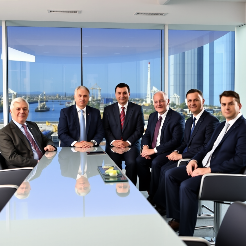 Foto profesional del equipo directivo de YPF mostrando ejecutivos senior en trajes formales en una sala de juntas moderna con vista a instalaciones petroleras