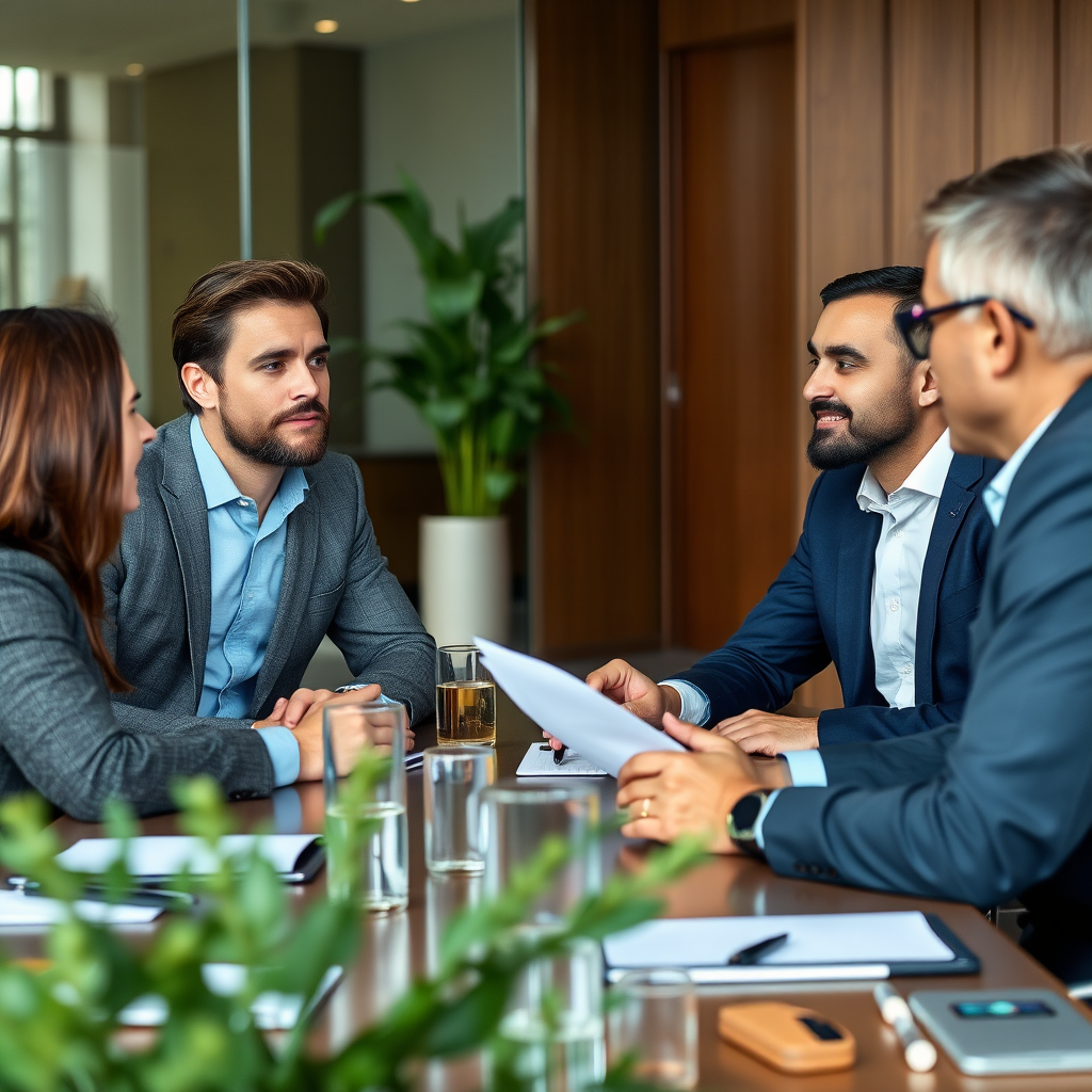 Empresarios en reunión de negocios discutiendo estrategias de crecimiento y oportunidades de inversión