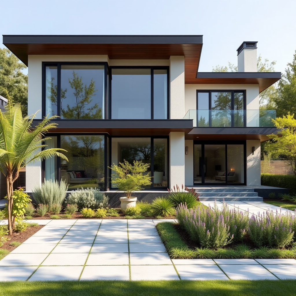 Casa moderna con jardín amplio, fachada contemporánea con grandes ventanales y diseño arquitectónico elegante