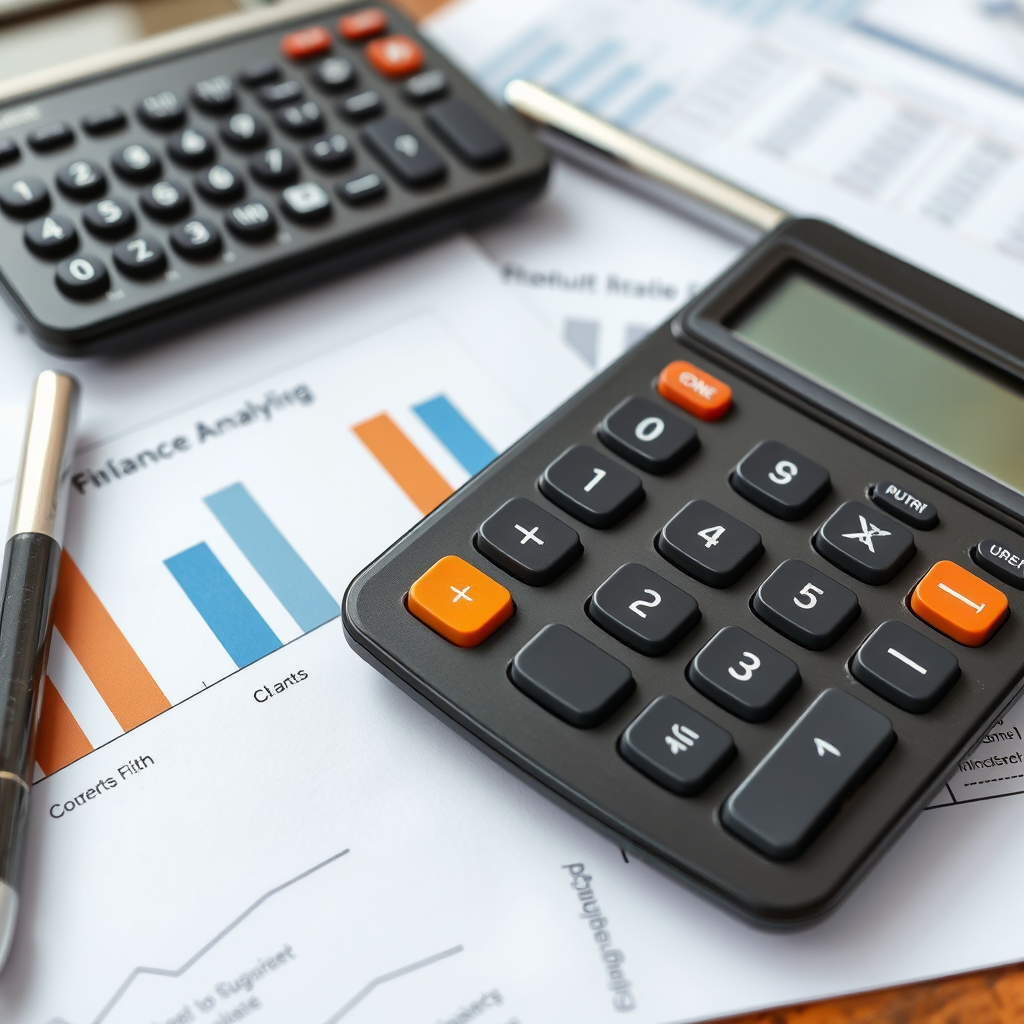 Calculadora y documentos financieros sobre escritorio con gráficos de análisis financiero y papeles de refinanciamiento