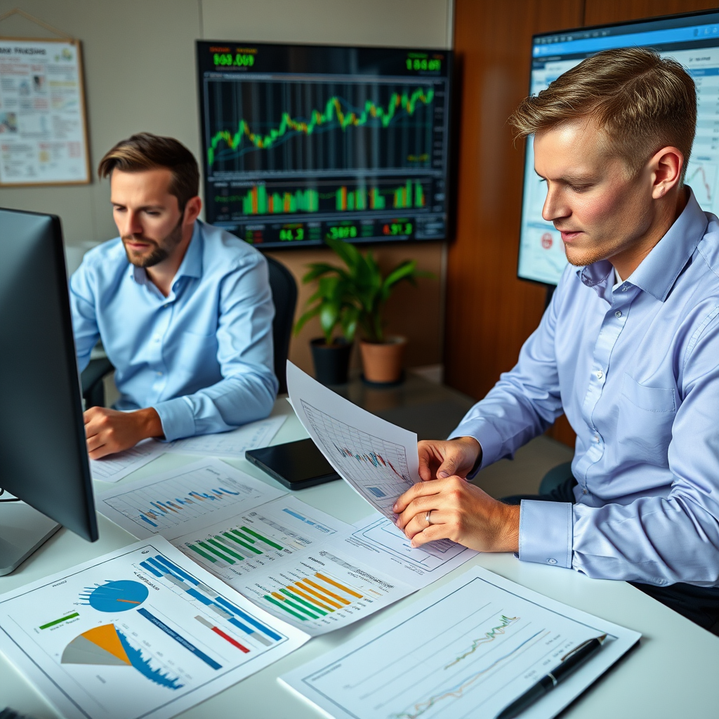 Foto profesional de especialistas financieros trabajando con análisis de mercados energéticos, gráficos de commodities y certificaciones CFA visibles en sus escritorios