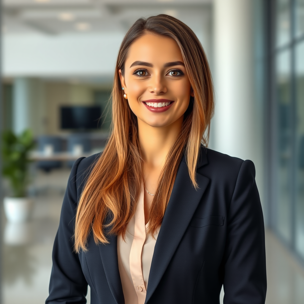 Retrato profesional de gerente comercial mujer en blazer ejecutivo, especialista en relaciones comerciales del sector petrolero, en ambiente de oficina moderna