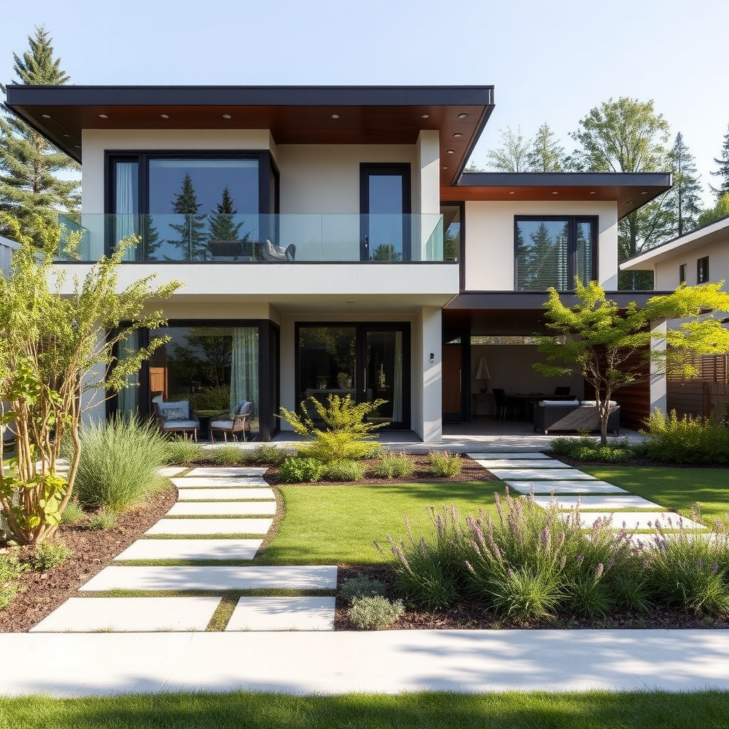 Casa moderna con jardín bien cuidado y arquitectura contemporánea, representando el hogar ideal