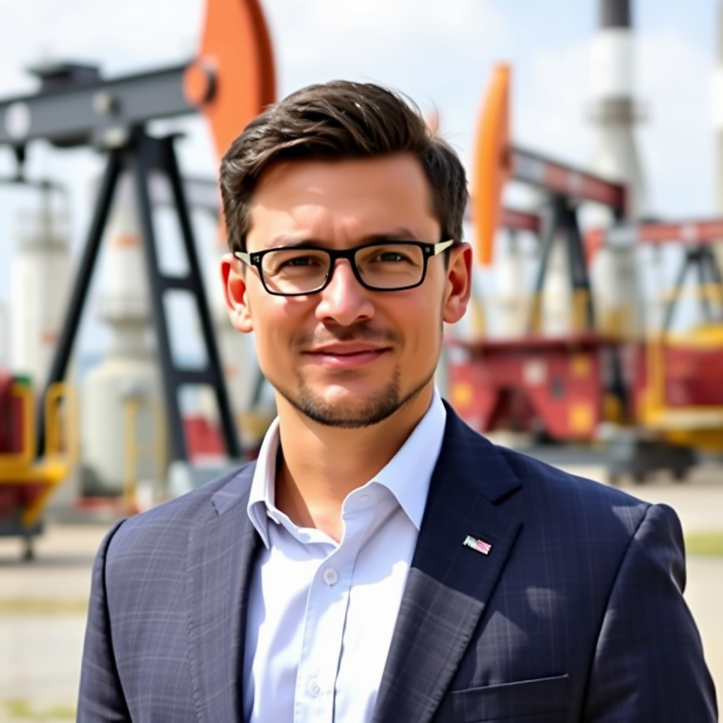 Retrato profesional de director de desarrollo de negocios en traje formal, especialista en alianzas estratégicas del sector energético, con instalaciones petroleras de fondo
