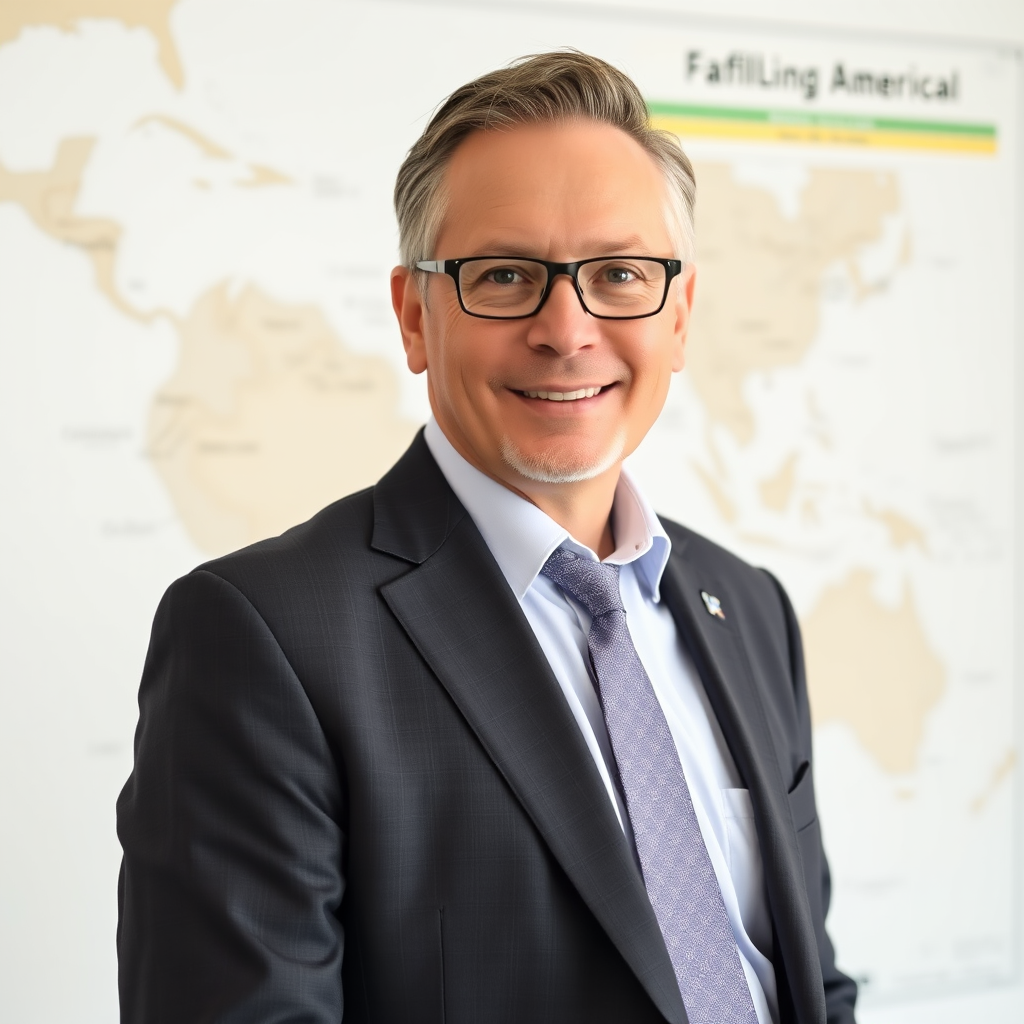 Retrato profesional de director comercial internacional en traje de negocios, especialista en mercados energéticos latinoamericanos, con mapa de operaciones de fondo