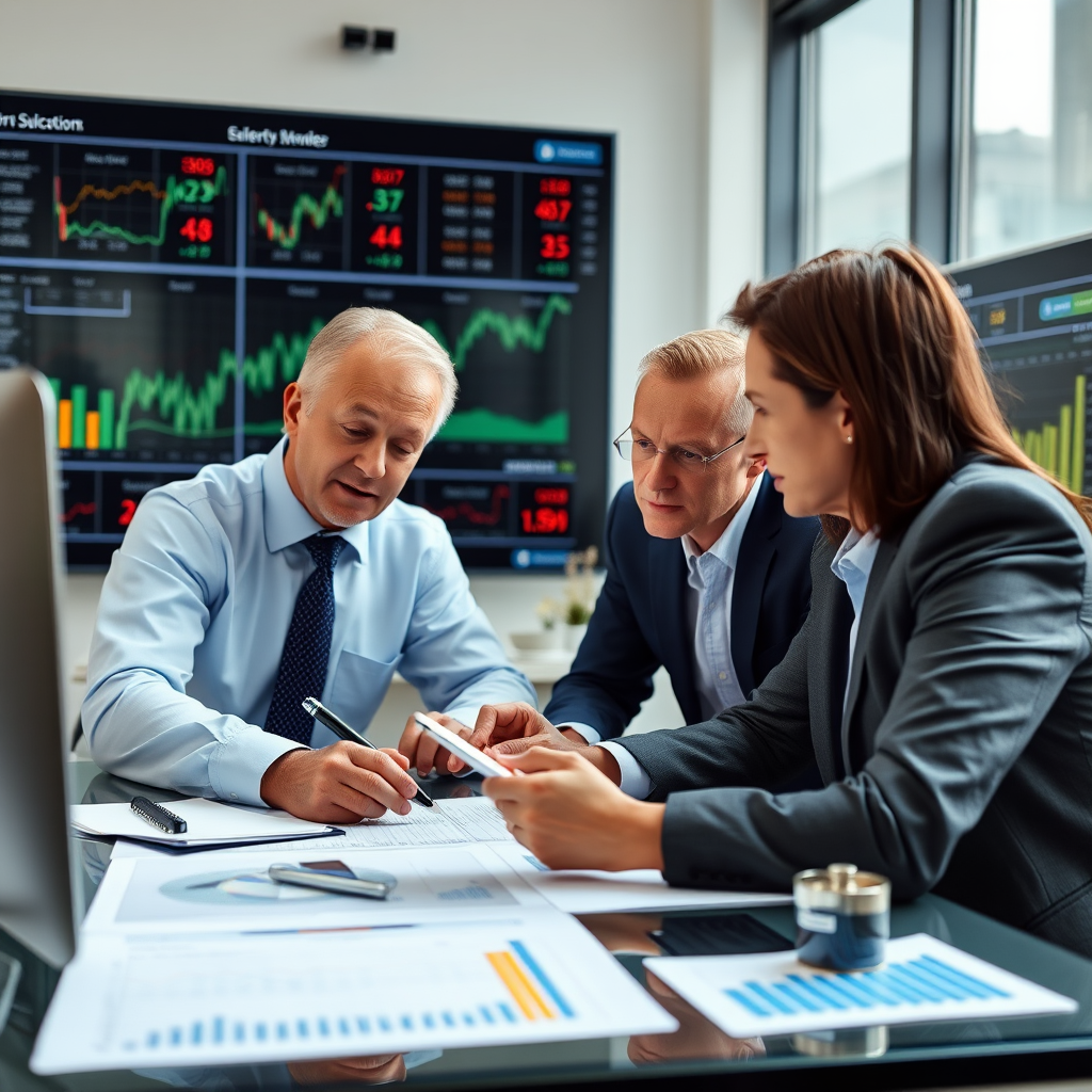 Equipo de especialistas financieros trabajando en análisis de inversiones petroleras con gráficos y datos de mercado energético